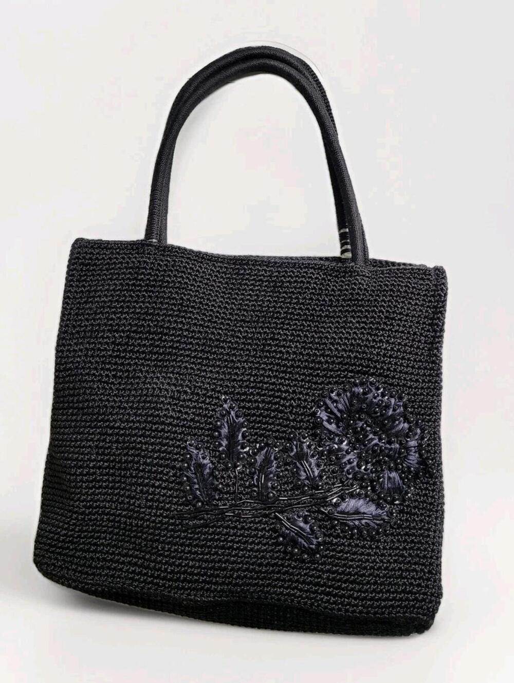 Casual Corner Black Tote Beaded Flower Embellishment Purse Snap Closure